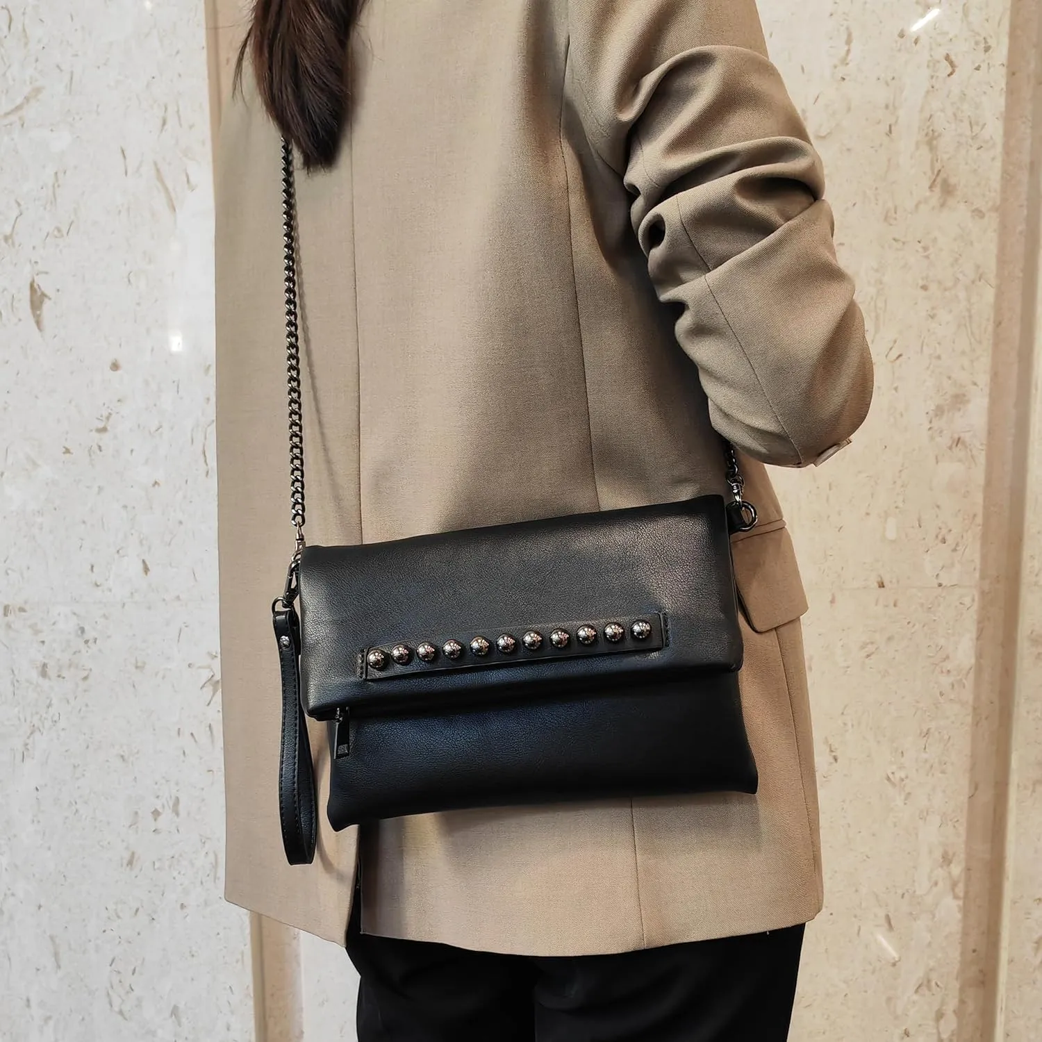 Fold-Over Women Clutch Purse Beaded PU Leather Chain Crossbody Bag Female Envelope Evening Bags (Black)