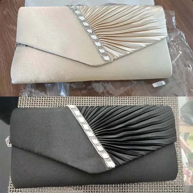 Folds Rhinestone Decor Chain Clutch Bags for Women 2024 Red Evening Party