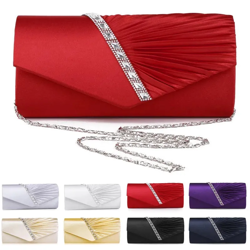 Folds Rhinestone Decor Chain Clutch Bags for Women 2024 Red Evening Party
