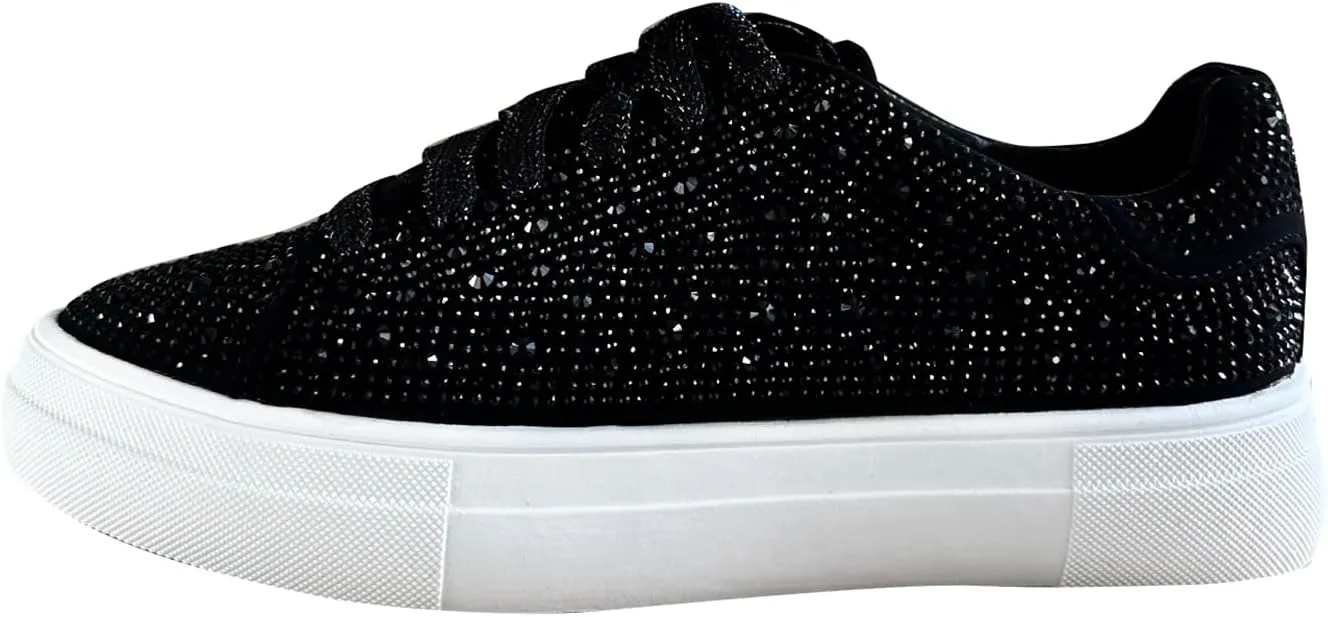 Forever Link Women Round Toe Rhinestone Crystal Embellished Lace Up Sneakers
