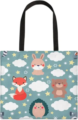 Fox Prickly Clouds Stars Square Canvas Tote Bag Top Handle Purses Stylish Women Canvas Shoulder Tote Bags Reusable Handbags for Work Travel Picnic Beach Shopping Gym Hiking