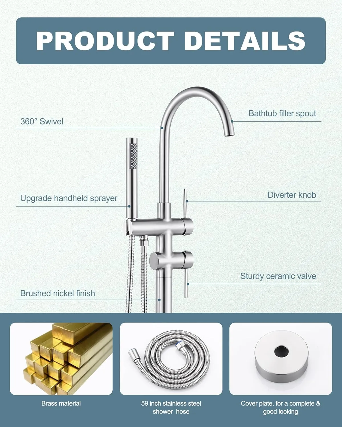 Freestanding Bathtub Faucet Brushed Nickel, Floor Mount Tub Filler, High Flow Brass Shower Faucets with Handheld Sprayer for Bathroom