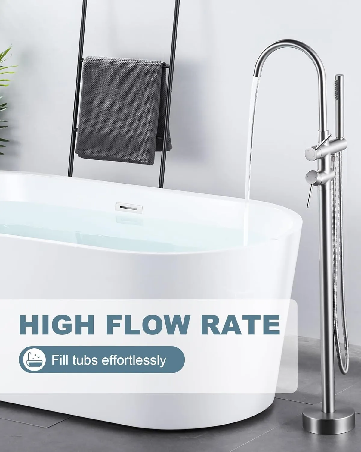 Freestanding Bathtub Faucet Brushed Nickel, Floor Mount Tub Filler, High Flow Brass Shower Faucets with Handheld Sprayer for Bathroom