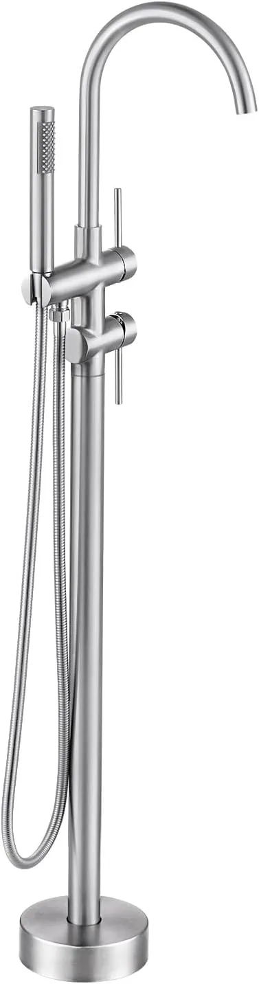 Freestanding Bathtub Faucet Brushed Nickel, Floor Mount Tub Filler, High Flow Brass Shower Faucets with Handheld Sprayer for Bathroom