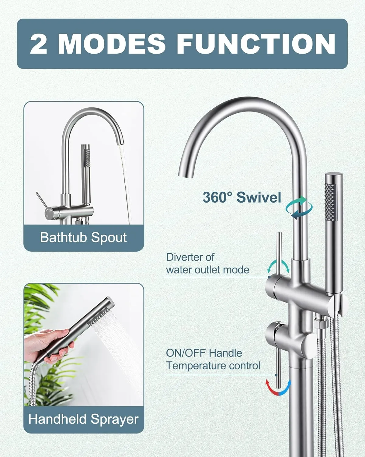 Freestanding Bathtub Faucet Brushed Nickel, Floor Mount Tub Filler, High Flow Brass Shower Faucets with Handheld Sprayer for Bathroom
