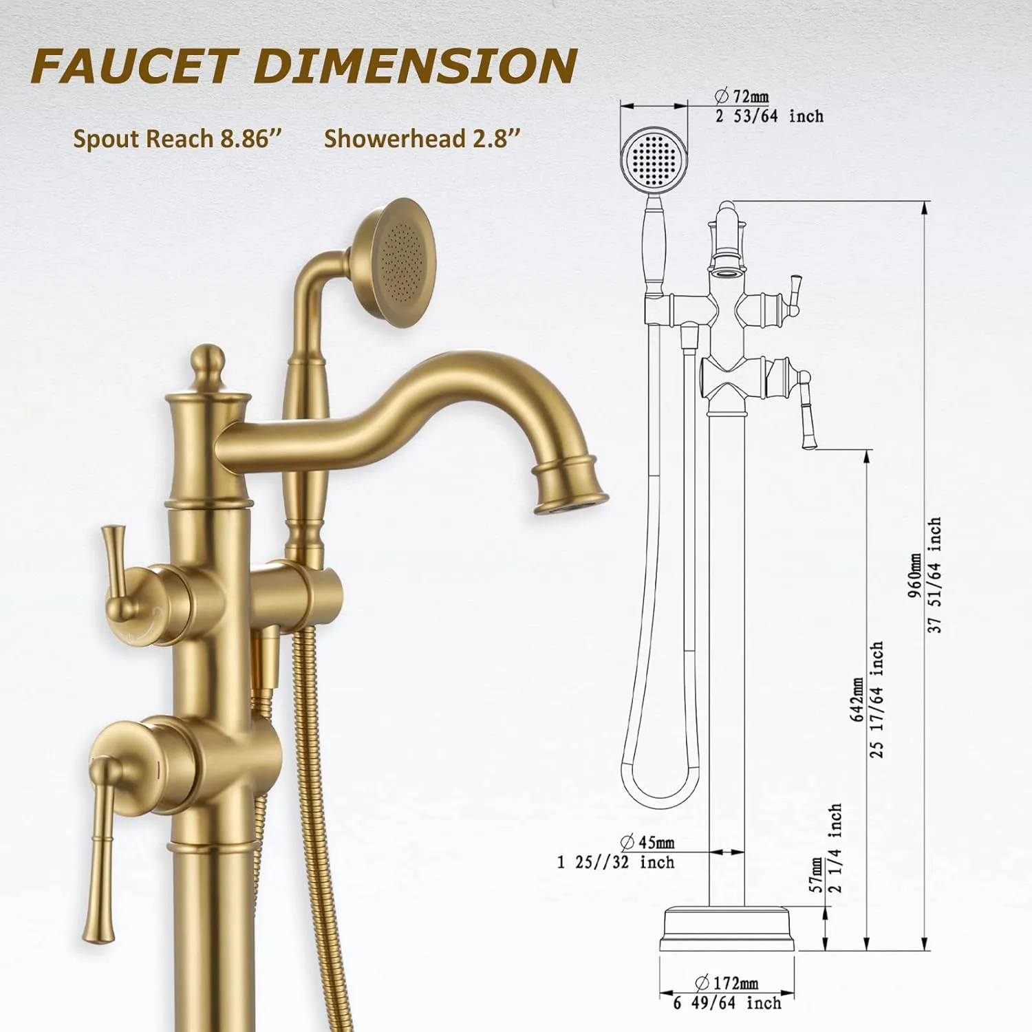 Freestanding Floor Mount Tub Filler with Handheld Shower Roman Bathtub Faucet by Brushed Gold Finish, Swivel Spout with Brass Rough-in and Water Hose