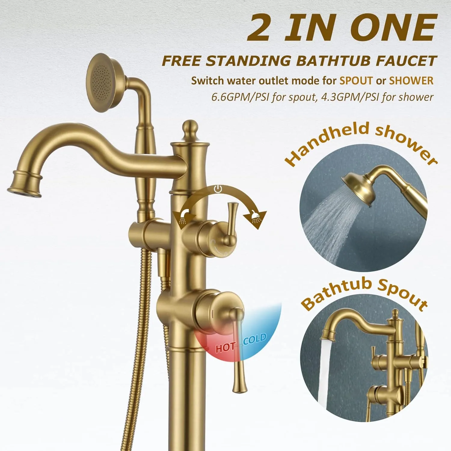 Freestanding Floor Mount Tub Filler with Handheld Shower Roman Bathtub Faucet by Brushed Gold Finish, Swivel Spout with Brass Rough-in and Water Hose