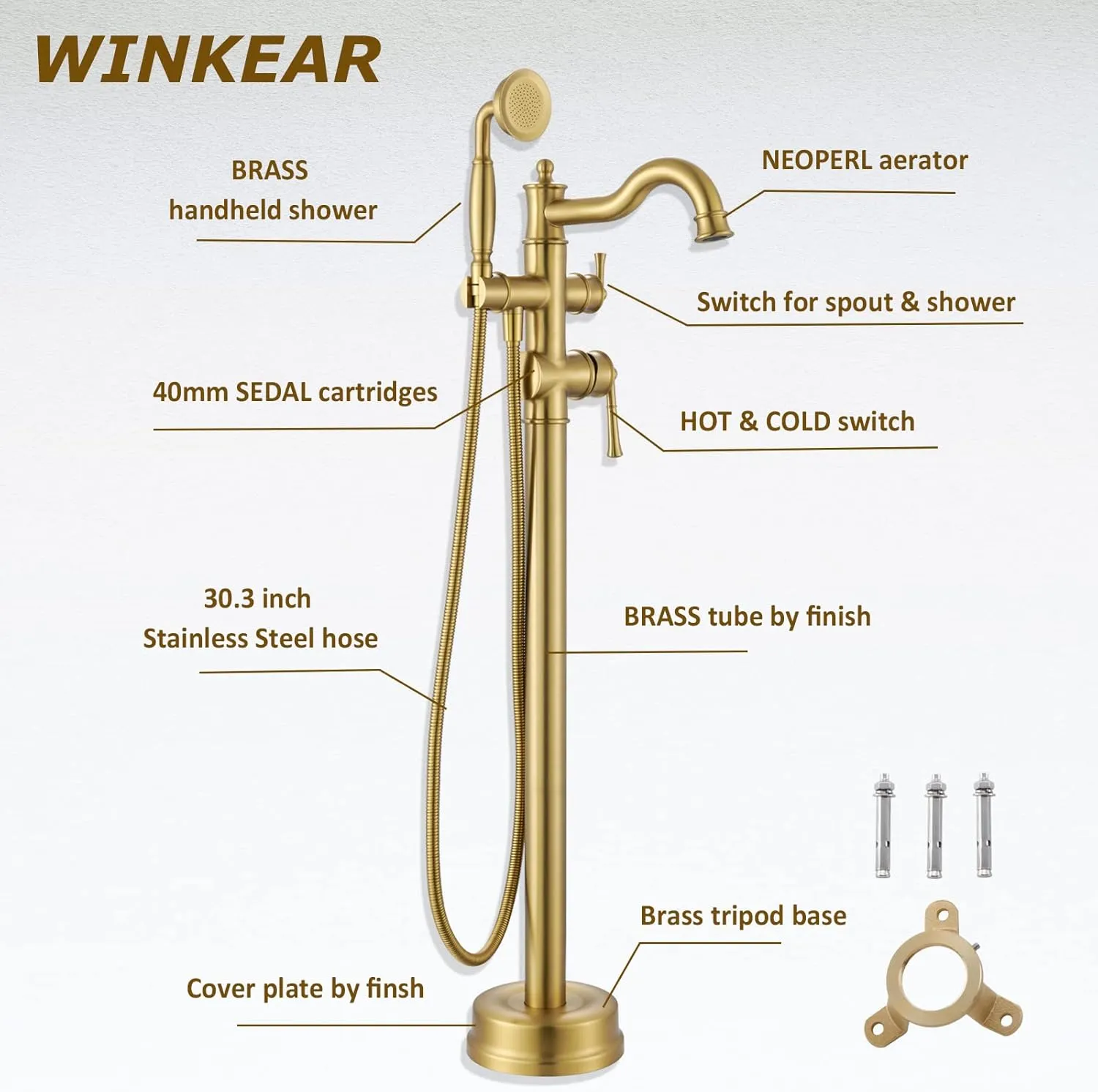 Freestanding Floor Mount Tub Filler with Handheld Shower Roman Bathtub Faucet by Brushed Gold Finish, Swivel Spout with Brass Rough-in and Water Hose
