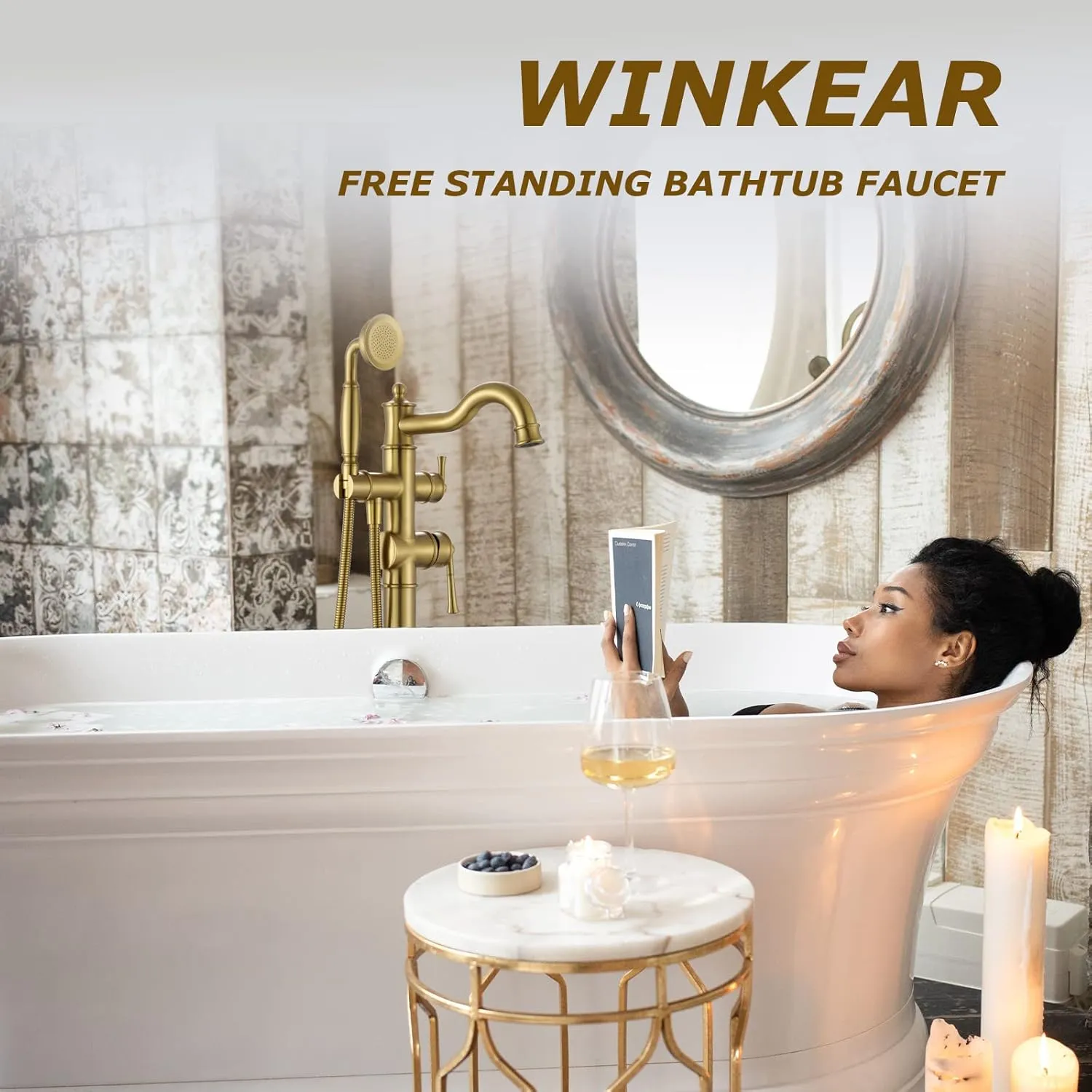Freestanding Floor Mount Tub Filler with Handheld Shower Roman Bathtub Faucet by Brushed Gold Finish, Swivel Spout with Brass Rough-in and Water Hose