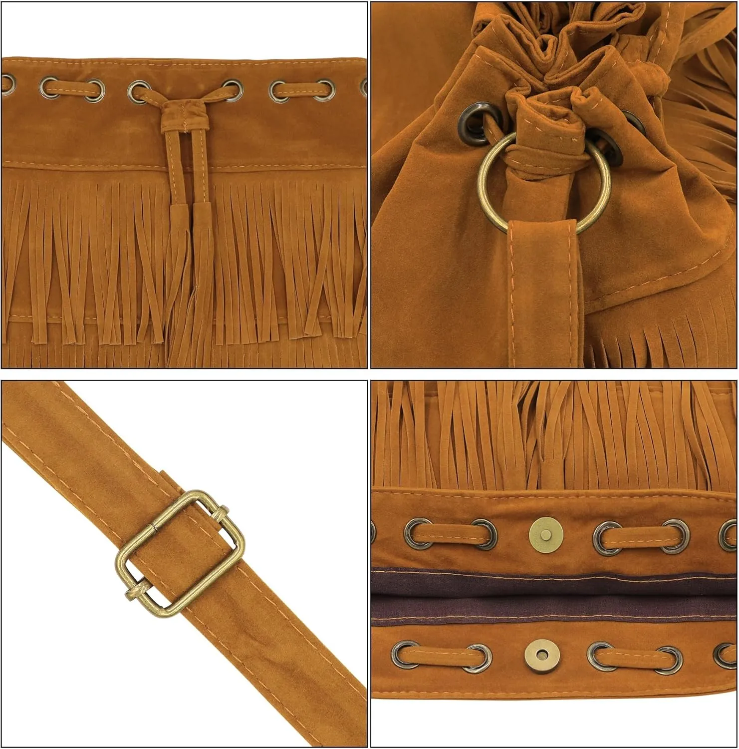 Fringe Hobo Purse Bags for Women Crossbody Purses with Drawstring Ladies Tassel Tote Shoulder Bucket Handbags,Brown
