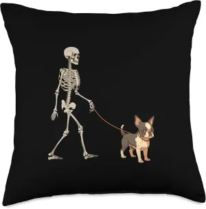 Funny Boston Terrier Skeleton Dog Walking Halloween Throw Pillow