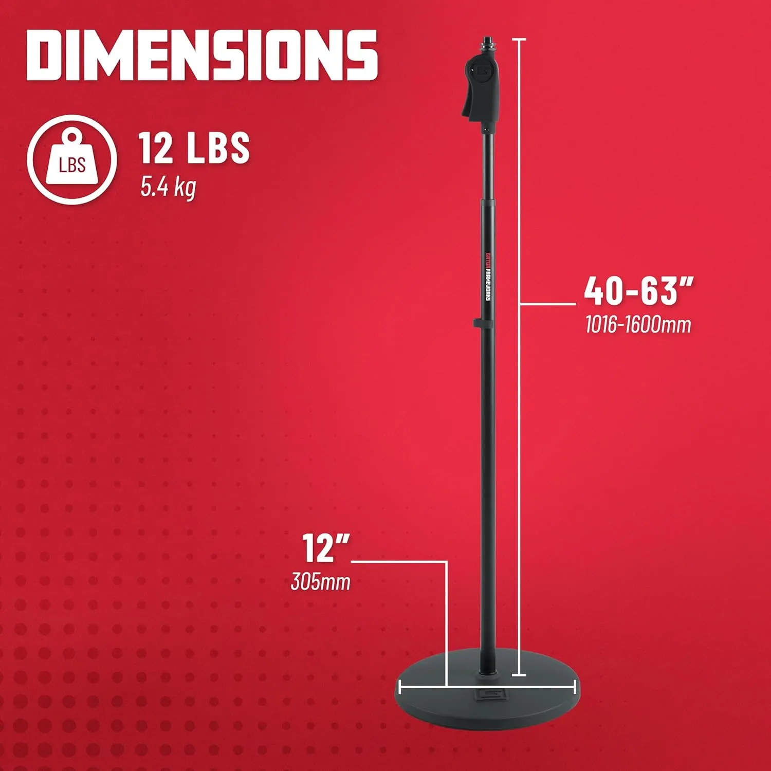 Gator Frameworks Microphone Stand with 12" Weighted Base and Deluxe Soft Grip Squeeze Height Adjustment, (GFW-MIC-1201)