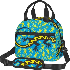 Gecko,Insulated Lunch Bag for Women/Men,Gecko Moon Lizard,Reusable Leakproof Cooler Tote Bag Organizer with Adjustable Shoulder Strap for Adult,Blue Yellow Black