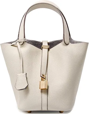 Genuine Leather Bucket Bag for Women Stylish Lock Design Small Satchel Purses Handbags Daily Casual Soft Shoulder Bags