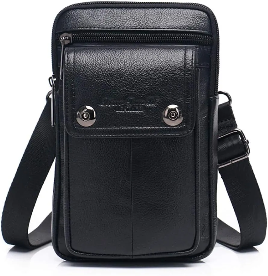 Genuine Leather Men Wasit Pack with Shoulder Belt Strap Cell Phone Pouch Style1-Black