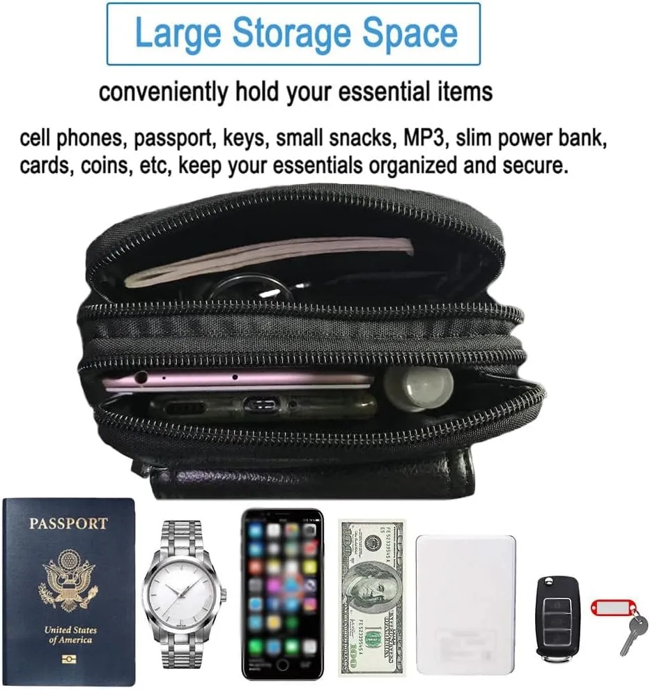 Genuine Leather Men Wasit Pack with Shoulder Belt Strap Cell Phone Pouch Style1-Black