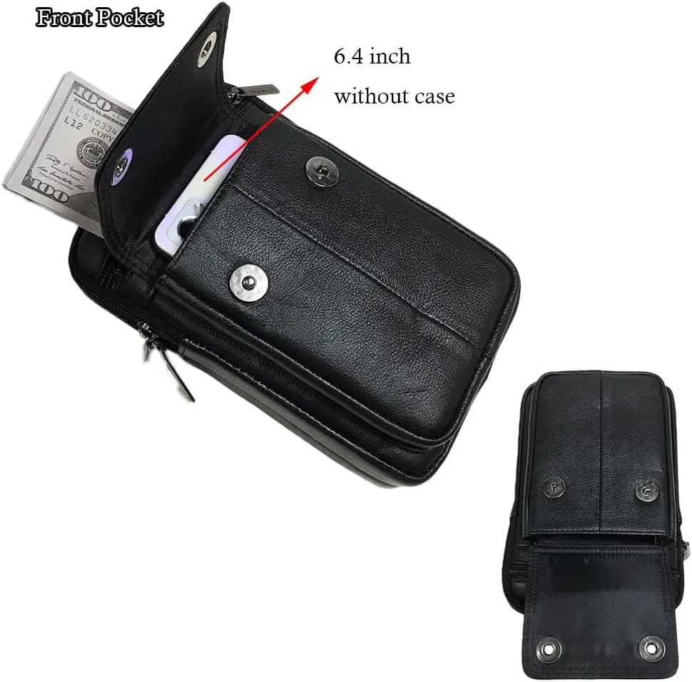 Genuine Leather Men Wasit Pack with Shoulder Belt Strap Cell Phone Pouch Style1-Black