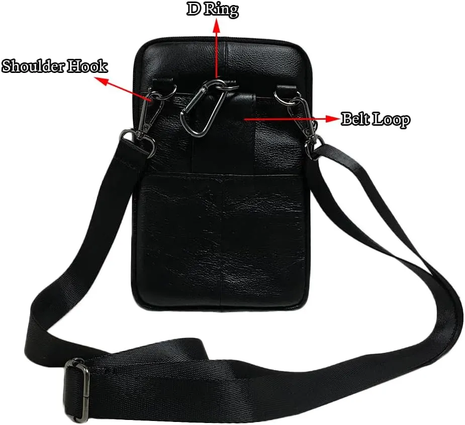 Genuine Leather Men Wasit Pack with Shoulder Belt Strap Cell Phone Pouch Style1-Black
