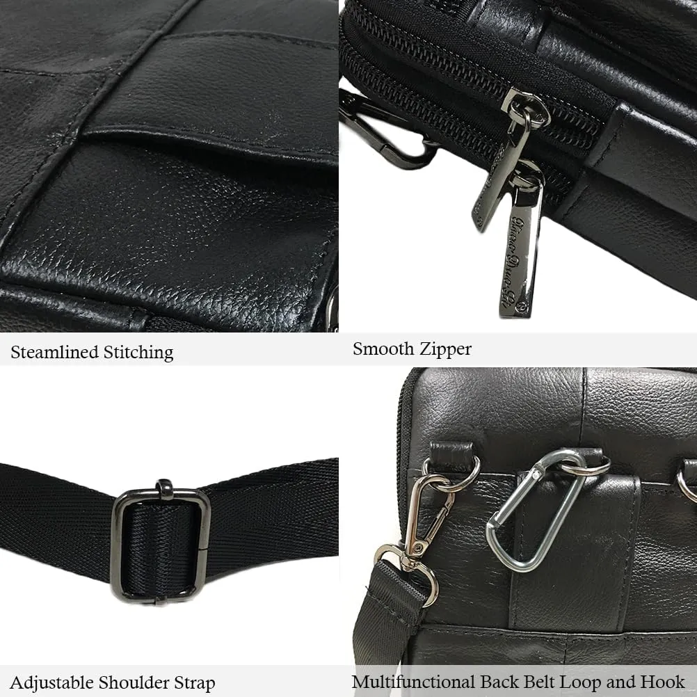 Genuine Leather Men Wasit Pack with Shoulder Belt Strap Cell Phone Pouch Style1-Black