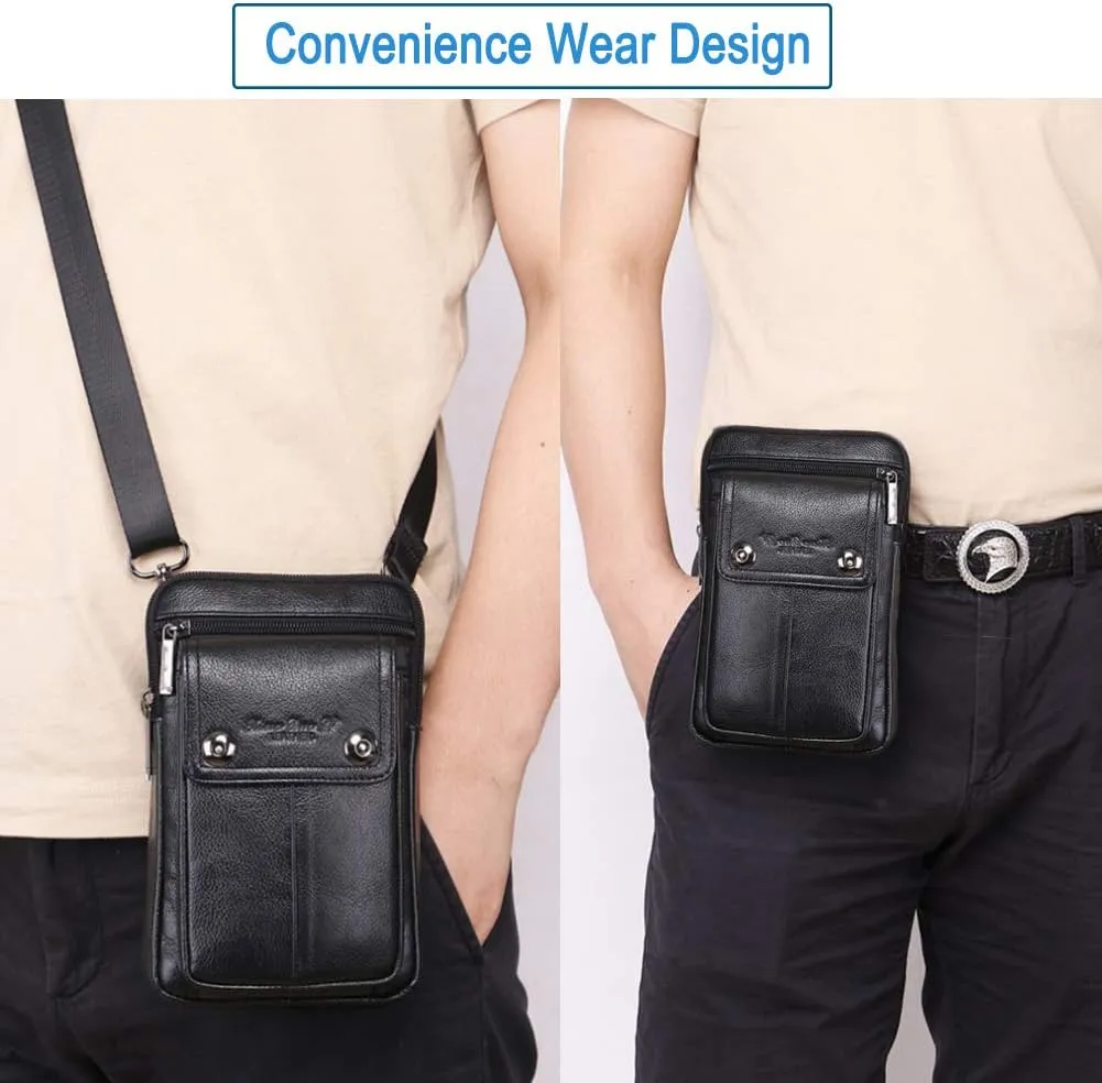 Genuine Leather Men Wasit Pack with Shoulder Belt Strap Cell Phone Pouch Style1-Black