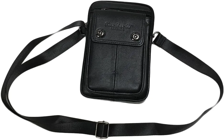 Genuine Leather Men Wasit Pack with Shoulder Belt Strap Cell Phone Pouch Style1-Black