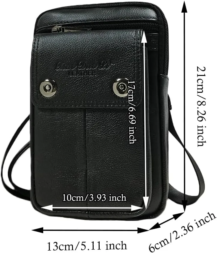 Genuine Leather Men Wasit Pack with Shoulder Belt Strap Cell Phone Pouch Style1-Black