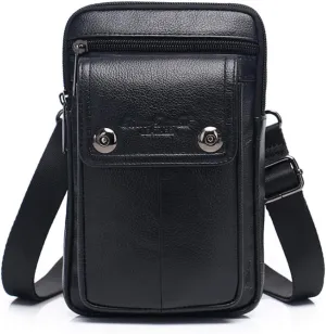Genuine Leather Men Wasit Pack with Shoulder Belt Strap Cell Phone Pouch Style1-Black