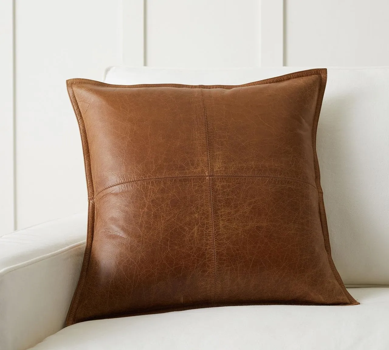 Genuine Leather Pillow Cover Case for Lumbar Throw Couch Pillows - Farmhouse Decorative Modern Sofa Thick & Soft Cushion Covers (Brown, 20" x 20")