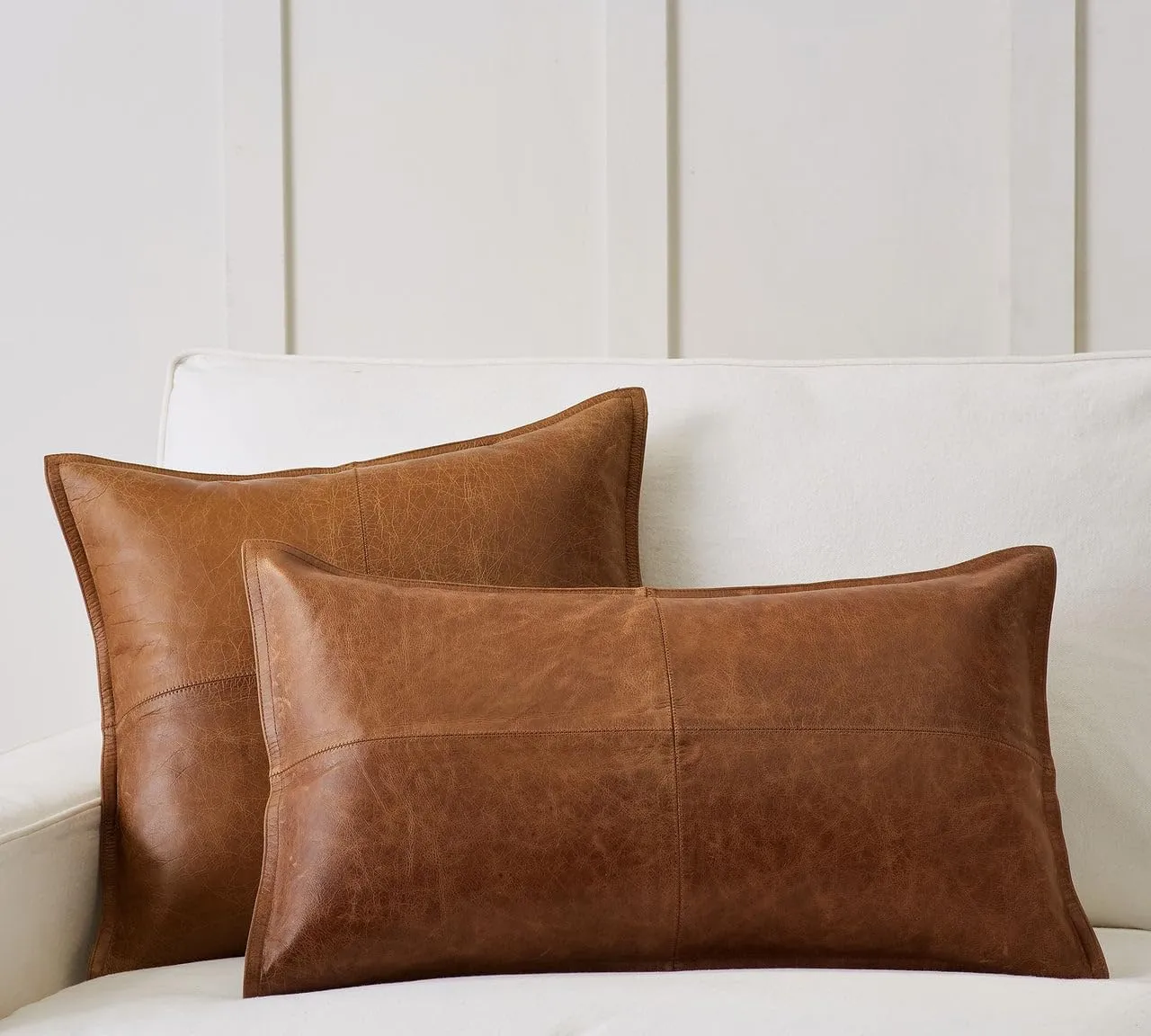 Genuine Leather Pillow Cover Case for Lumbar Throw Couch Pillows - Farmhouse Decorative Modern Sofa Thick & Soft Cushion Covers (Brown, 20" x 20")