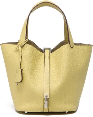 Genuine Leather Soft Bucket Bag for Women Fashion Lock Design Handbags Vegetable Basket Satchel with Top Handle Bags
