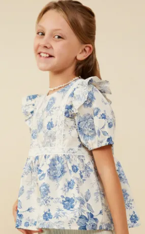Girls Antique Floral Lace Trimmed Ruffle Top