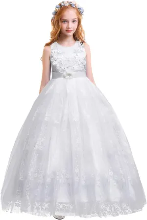Girls Flower Vintage Lace Princess Long Dress for Kids Tulle Pageant Formal Party Wedding Floor Dance Evening Gown