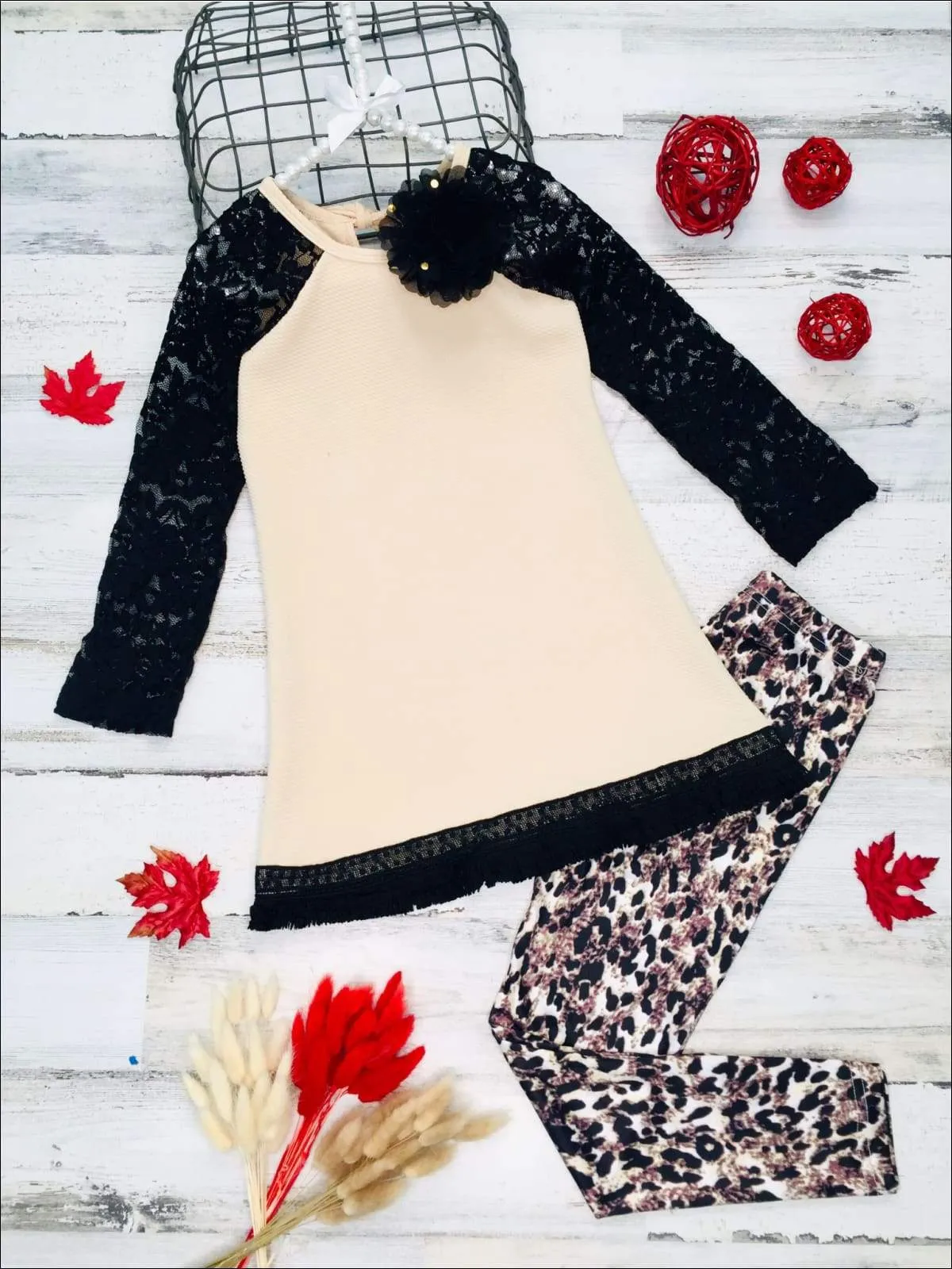 Girls Lace Long Raglan Sleeve Trimmed Tunic & Leggings Set