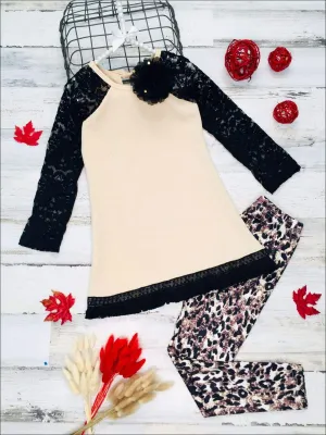 Girls Lace Long Raglan Sleeve Trimmed Tunic & Leggings Set