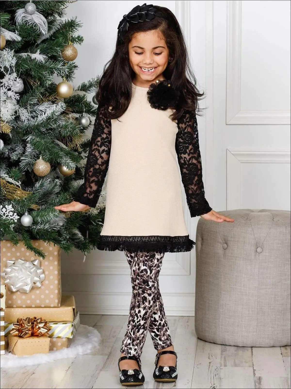Girls Lace Long Raglan Sleeve Trimmed Tunic & Leggings Set