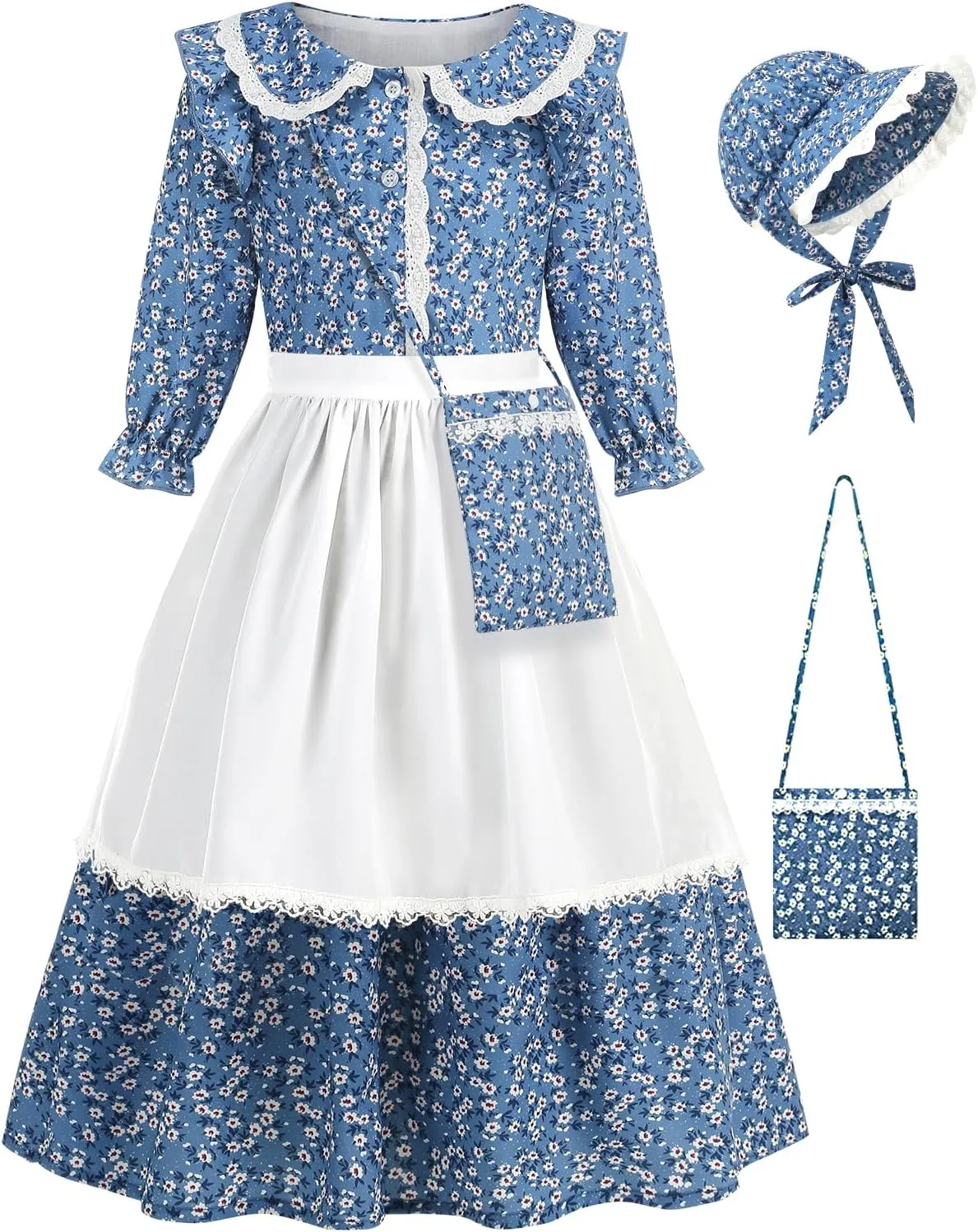 Girls Pioneer Costume Floral Colonial Prairie Dress for Little Kids with Apron and Bonnet