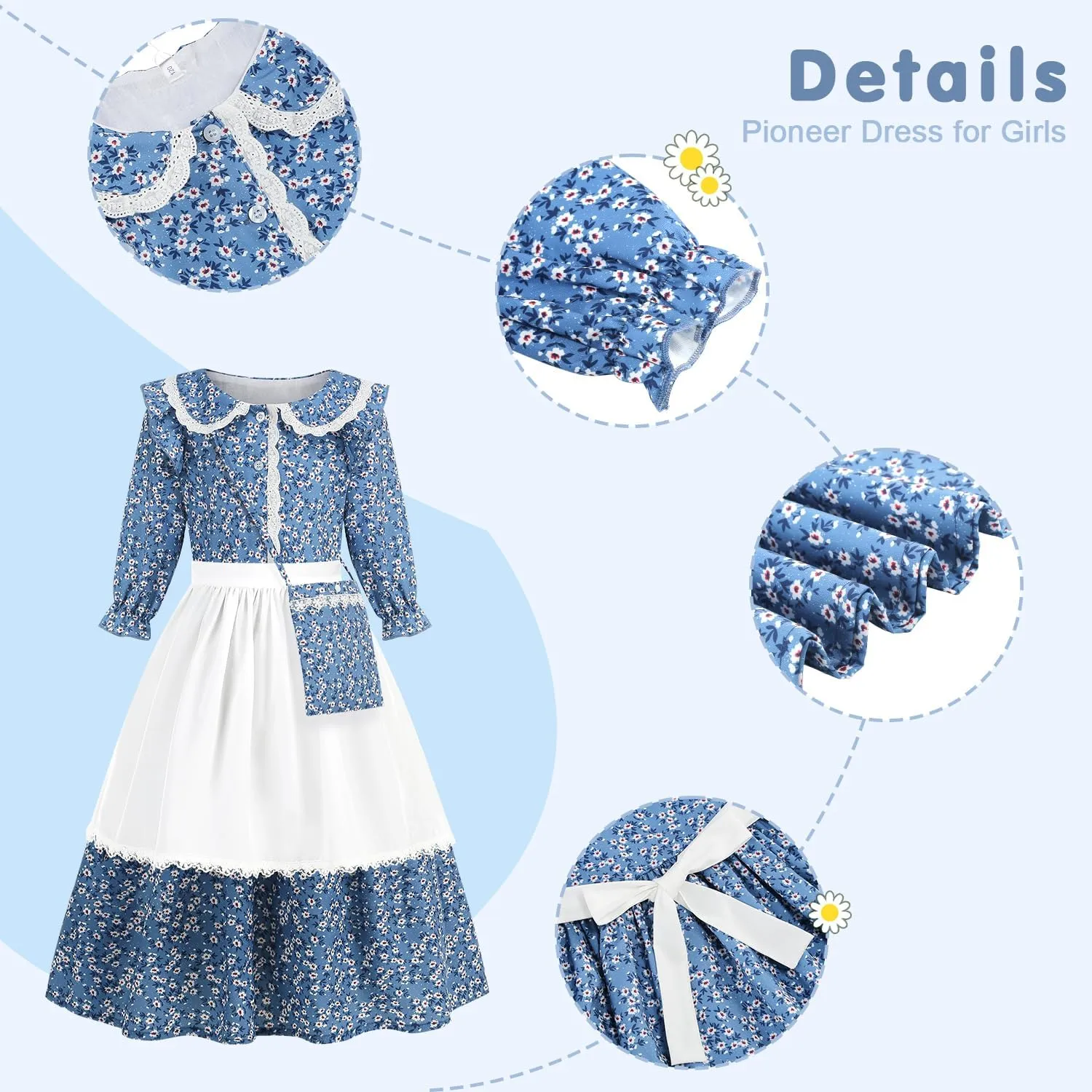 Girls Pioneer Costume Floral Colonial Prairie Dress for Little Kids with Apron and Bonnet