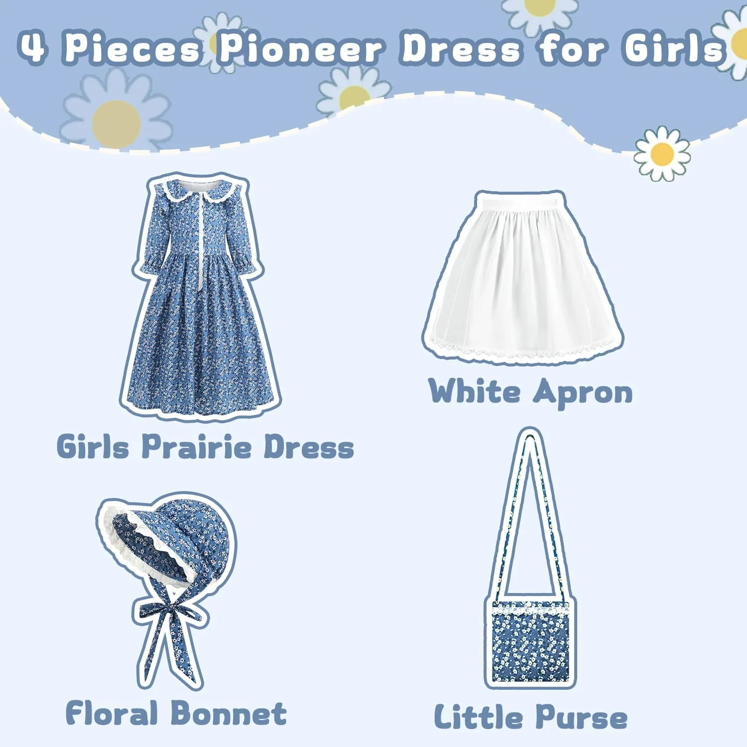Girls Pioneer Costume Floral Colonial Prairie Dress for Little Kids with Apron and Bonnet