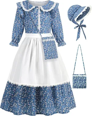 Girls Pioneer Costume Floral Colonial Prairie Dress for Little Kids with Apron and Bonnet