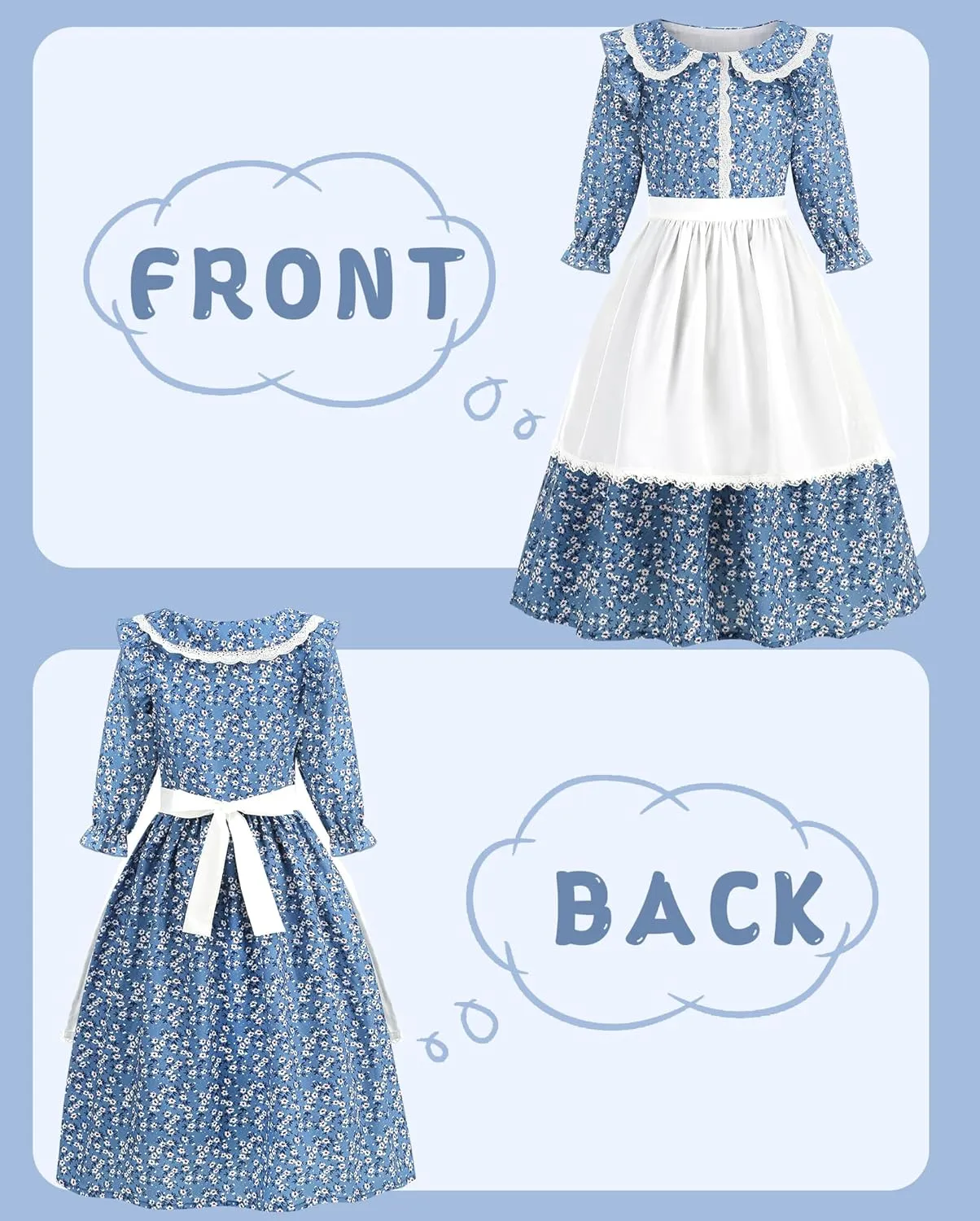 Girls Pioneer Costume Floral Colonial Prairie Dress for Little Kids with Apron and Bonnet