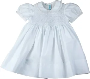 Girls White Smocked Yoke Dress with Lace Trim