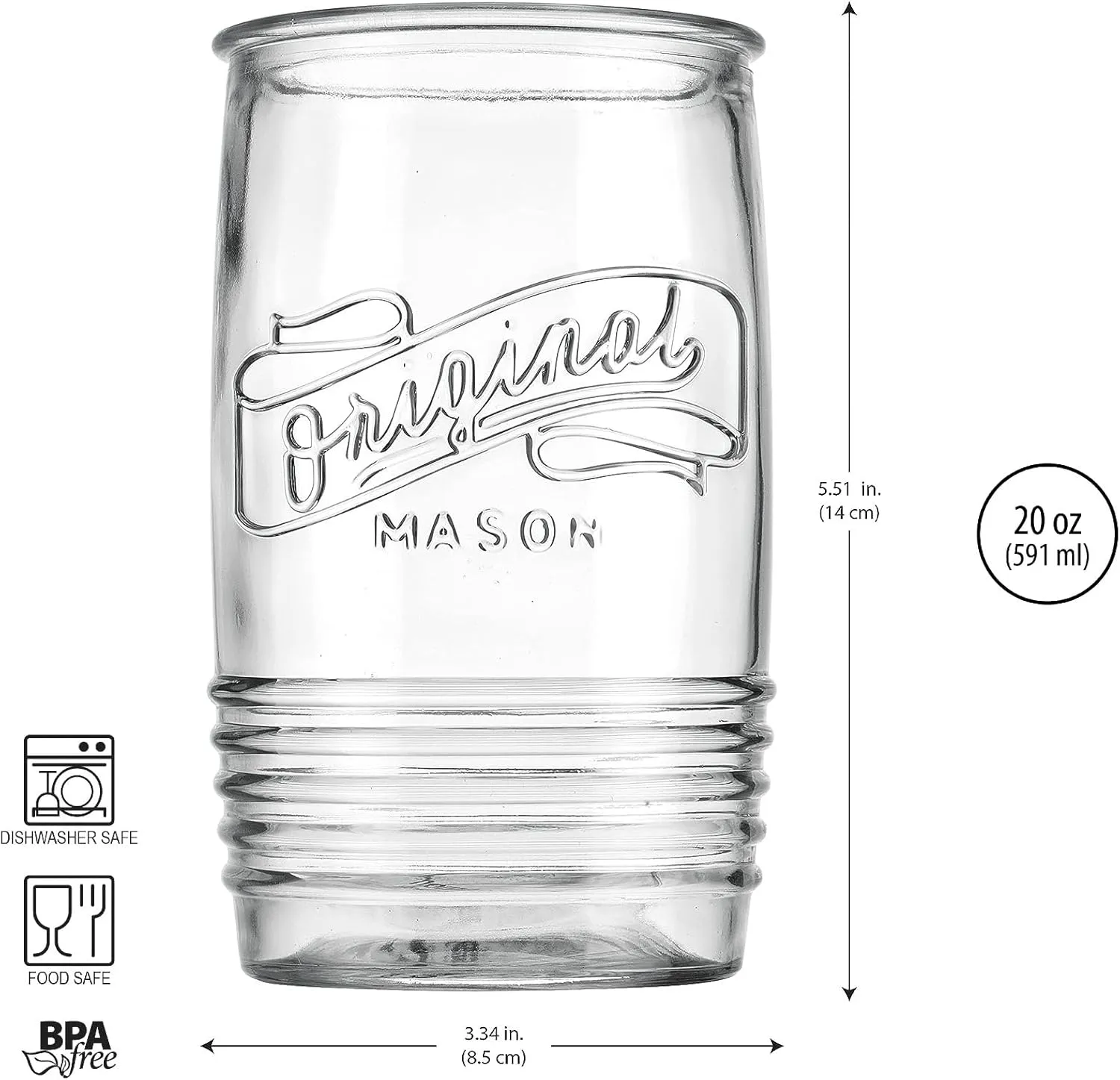 Glaver's Glass Tumbler Drinking Glasses Set of 4 – Genuine Artisan-Made Vintage Italian Original Mason – Elegant 20 Oz Clear Tumbler Glassware Set for Refreshing Drinks, Beverages, Iced Tea.