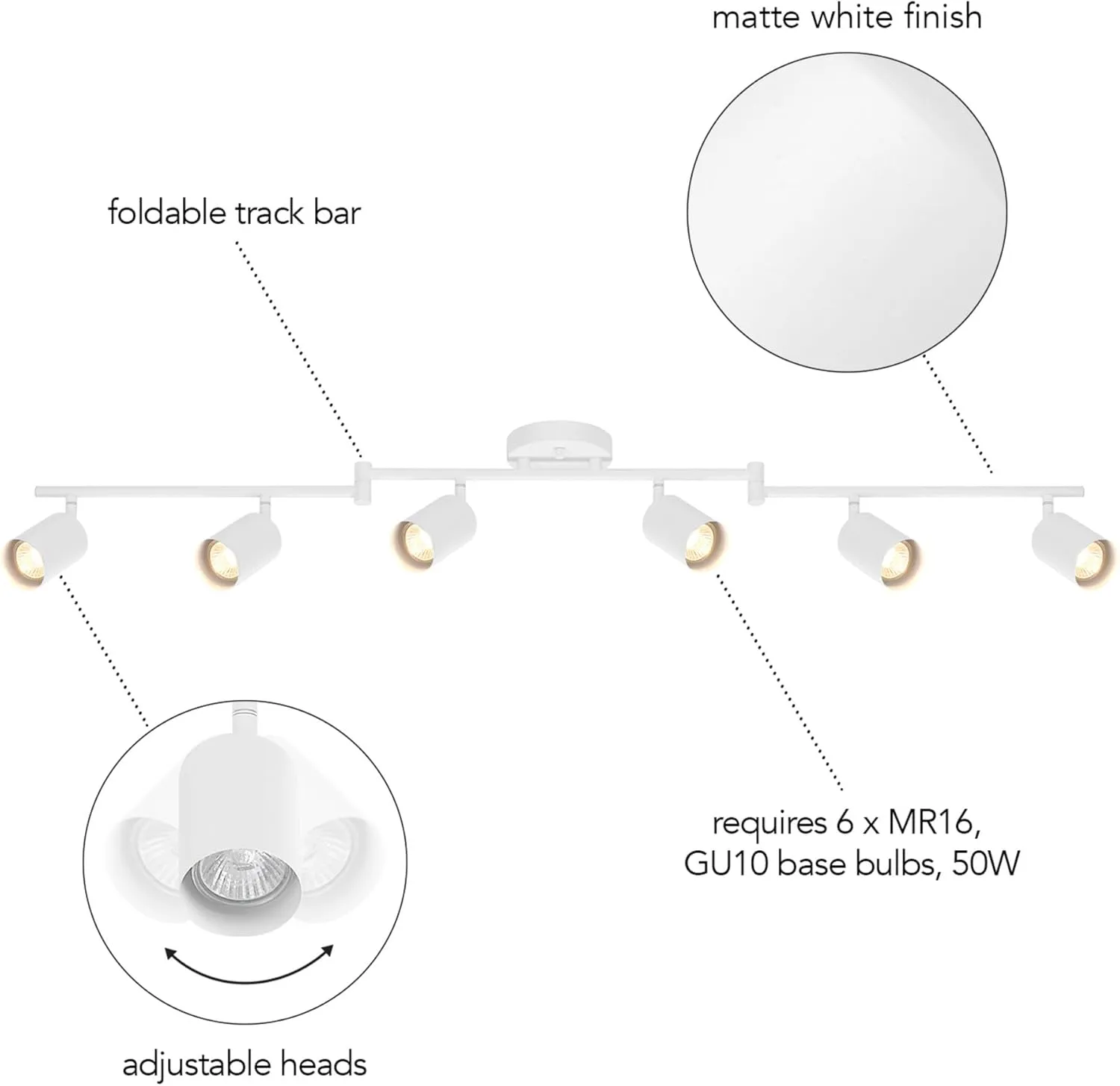 GLOBE Electric 64000122 47" 6-Light Foldable Track Lighting, Matte White, Pivoting Track Heads