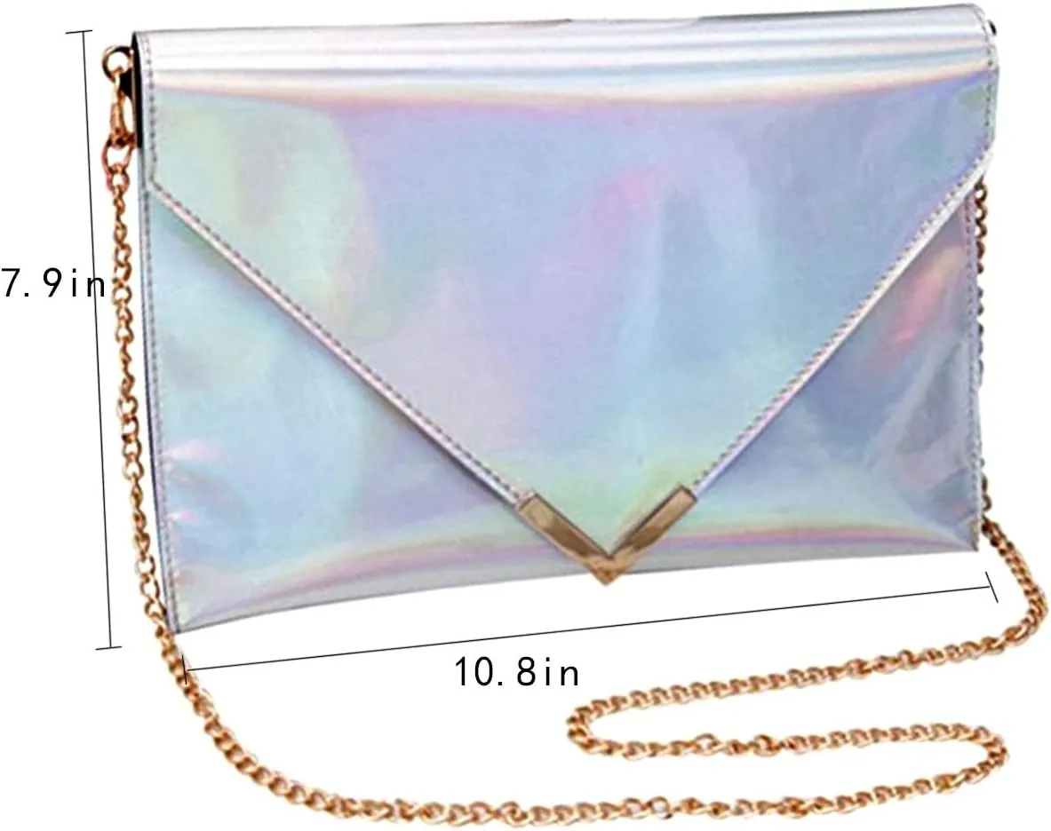 Goclothod Shoulder Bag Fashion Women Holographic Envelope Clutch Handbag Chain Crossbody Bag Tote Purse