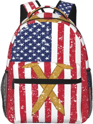 Golden Spike Railroad Spike American Flag Backpack Casual Pack Bag Laptop Backpack With Side Pocket Front Zipper Pocket Bookpack Travel Daypack Picnic Rucksack