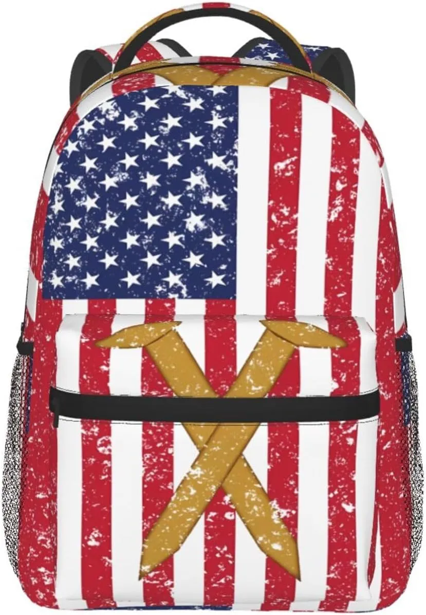 Golden Spike Railroad Spike American Flag Backpack Casual Pack Bag Laptop Backpack With Side Pocket Front Zipper Pocket Bookpack Travel Daypack Picnic Rucksack