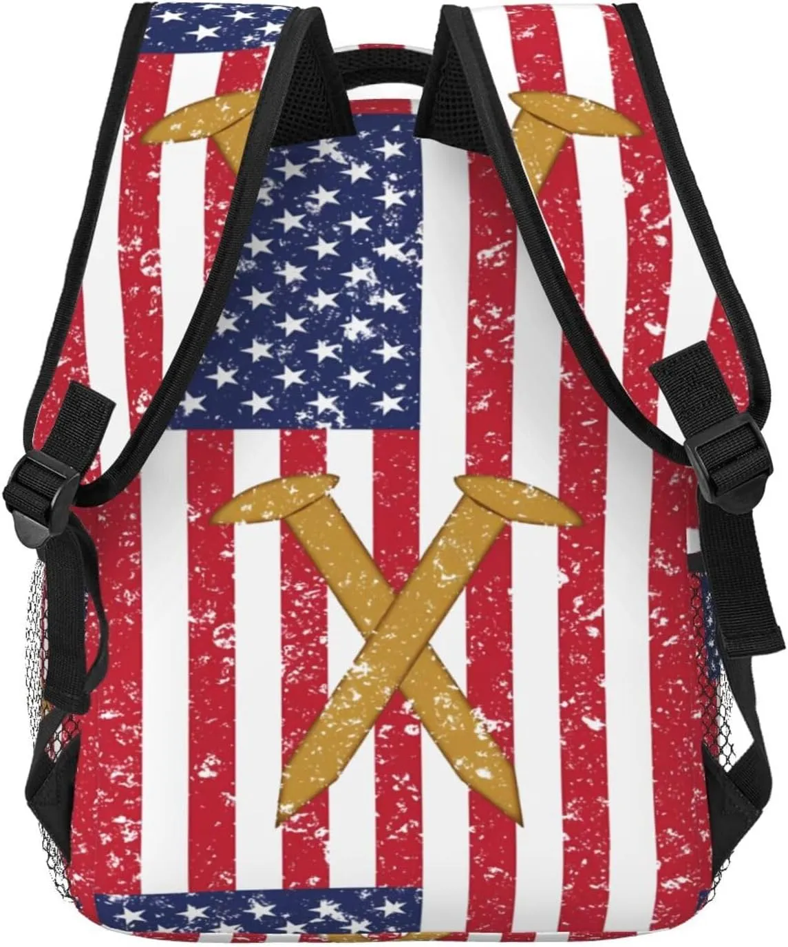 Golden Spike Railroad Spike American Flag Backpack Casual Pack Bag Laptop Backpack With Side Pocket Front Zipper Pocket Bookpack Travel Daypack Picnic Rucksack