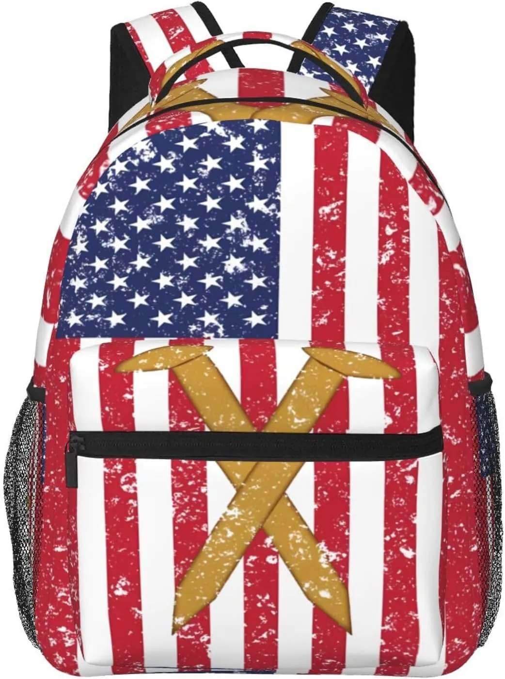 Golden Spike Railroad Spike American Flag Backpack Casual Pack Bag Laptop Backpack With Side Pocket Front Zipper Pocket Bookpack Travel Daypack Picnic Rucksack