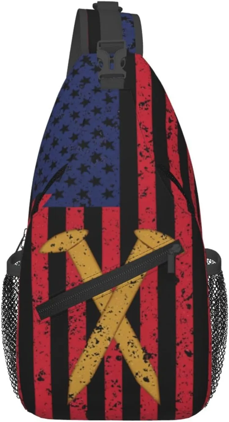 Golden Spike Railroad Spike American Flag Crossbody Sling Bag Chest Bags Casual Shoulder Backpack Sport Fanny Pack Gym Diagonally Daypack with Adjustable Strap for Running