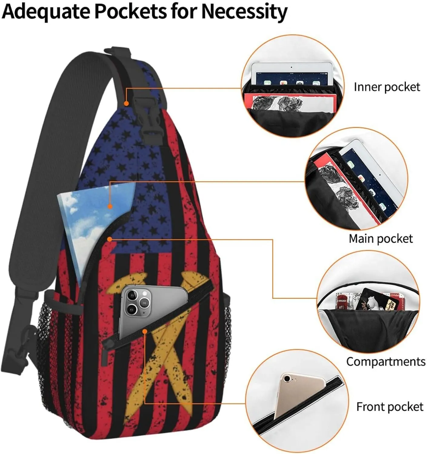 Golden Spike Railroad Spike American Flag Crossbody Sling Bag Chest Bags Casual Shoulder Backpack Sport Fanny Pack Gym Diagonally Daypack with Adjustable Strap for Running